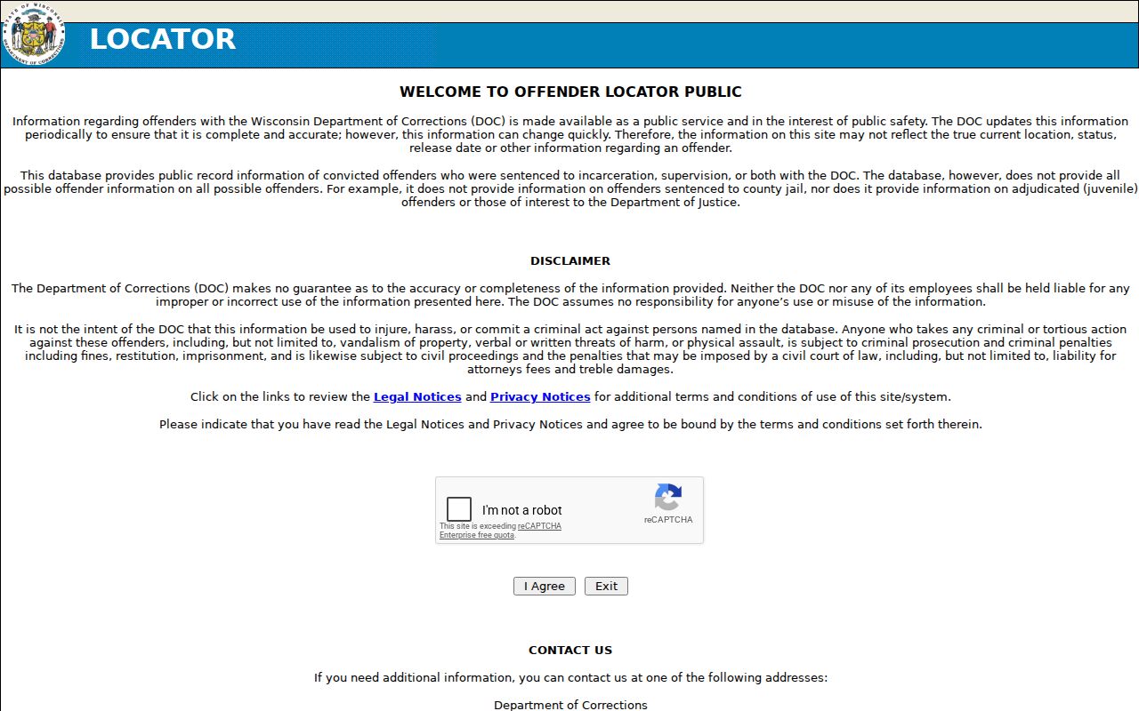 Iron County criminal record search through the Wisconsin DOC locator