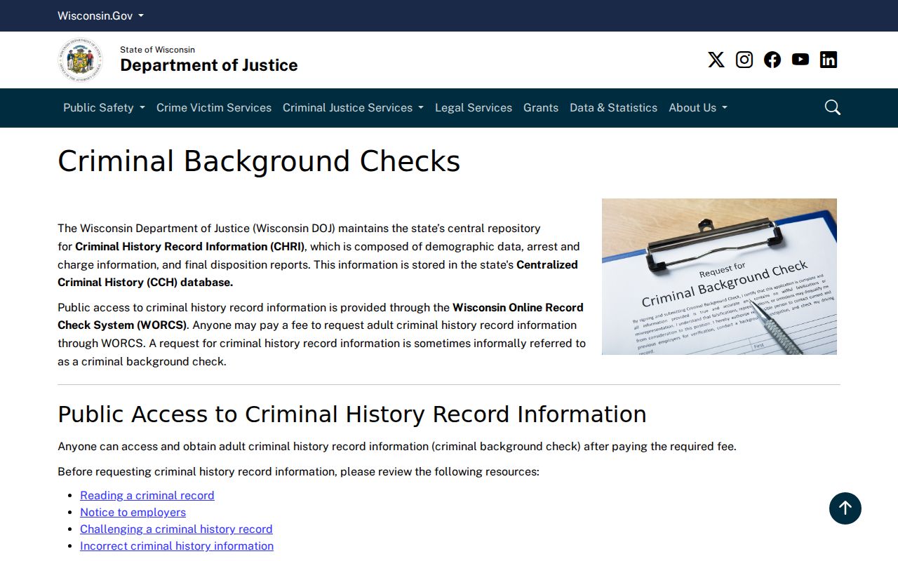 Iron County criminal history information on the Wisconsin DOJ background check page