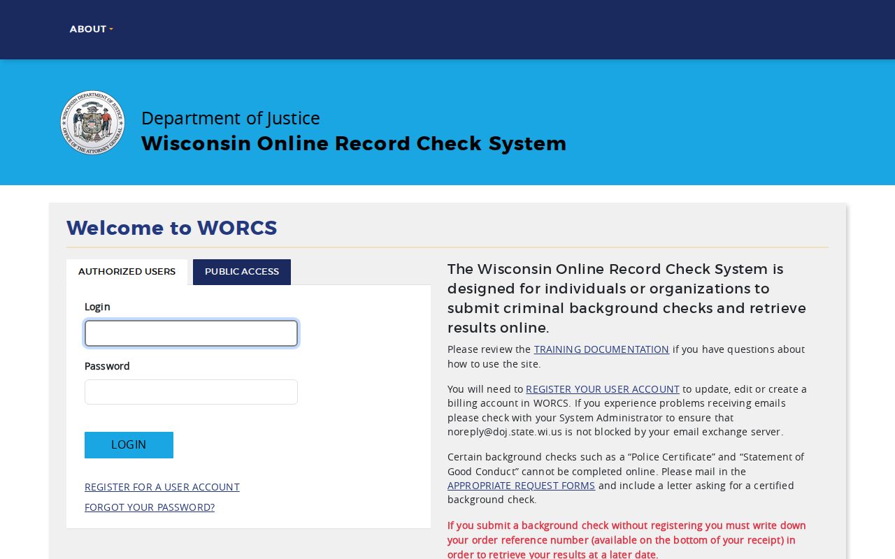 Iron County criminal history search through the Wisconsin WORCS portal