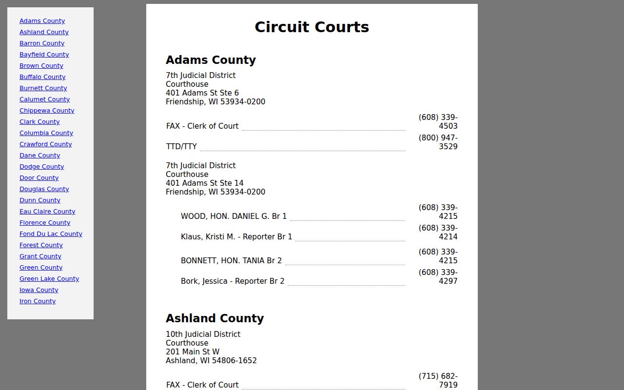 Iron County criminal court directory for Wisconsin Circuit Court