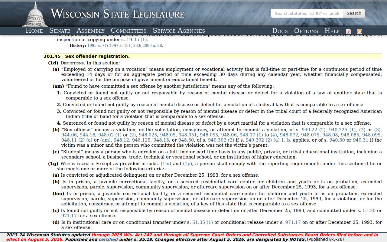 Wisconsin registration statute for Iron County sex offender records