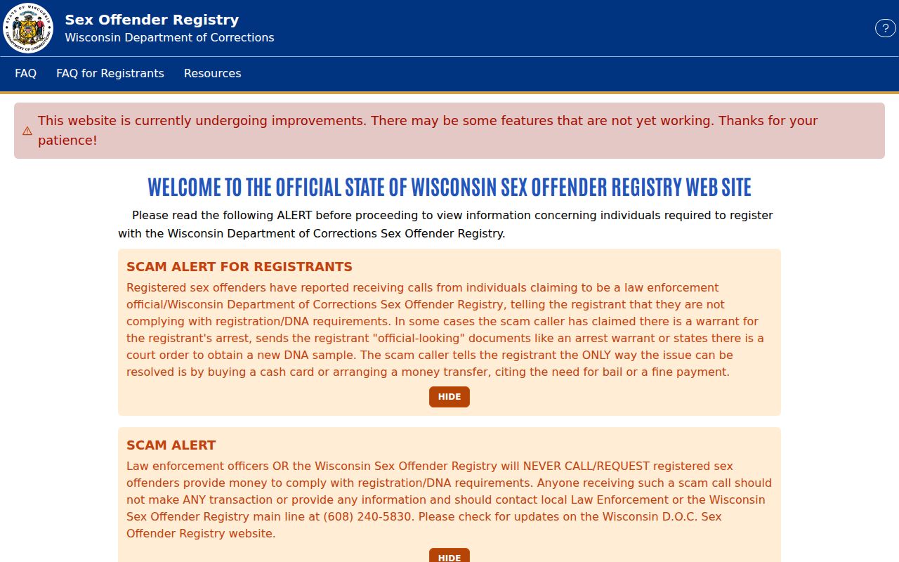 Wisconsin DOC Iron County sex offender registry search fields